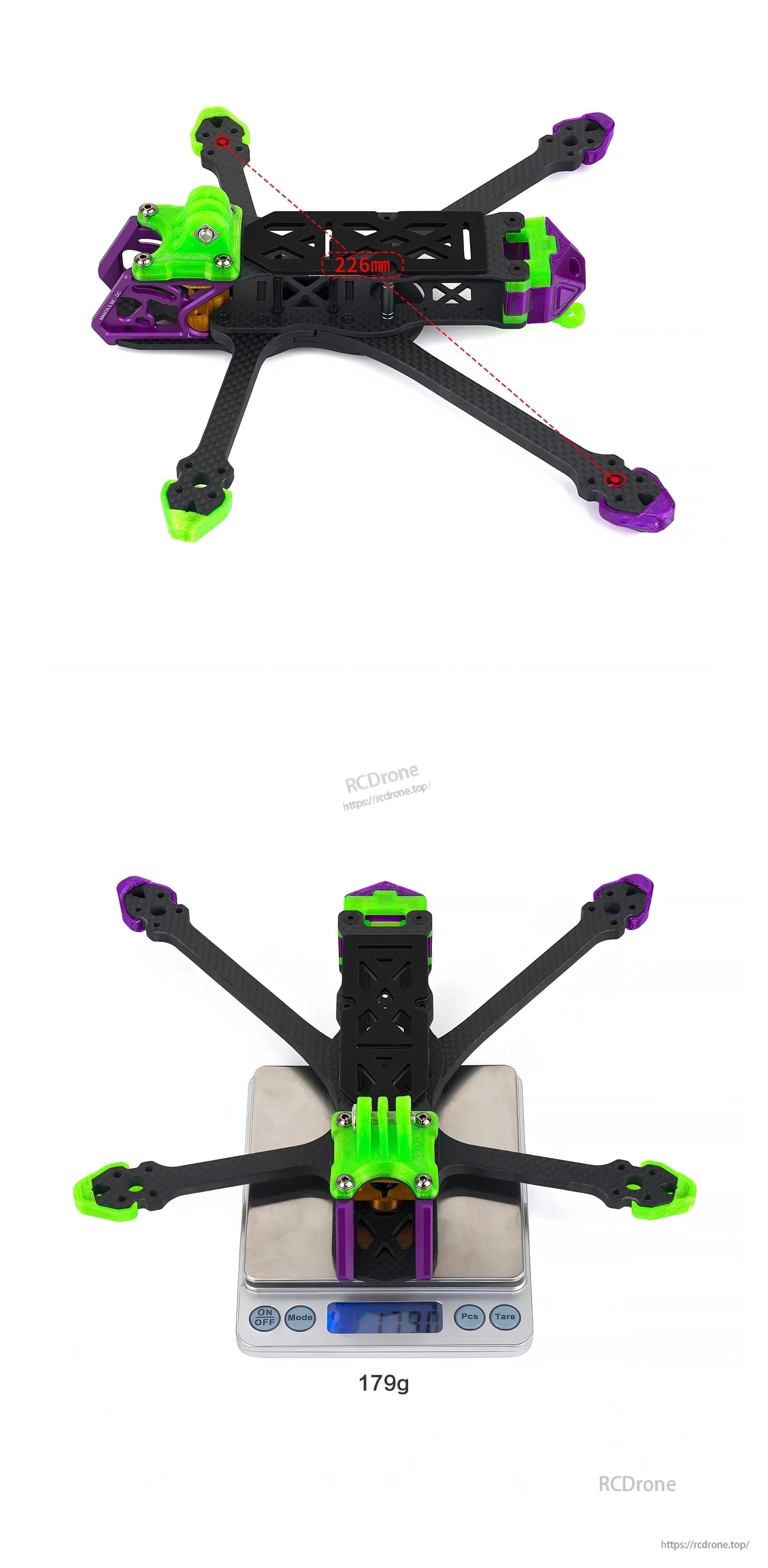 Manta 5 SE Drone Frame, The text describes a mechanical design that uses T700 carbon fiber plates and 6mm arms in a 226mm wheelbase.