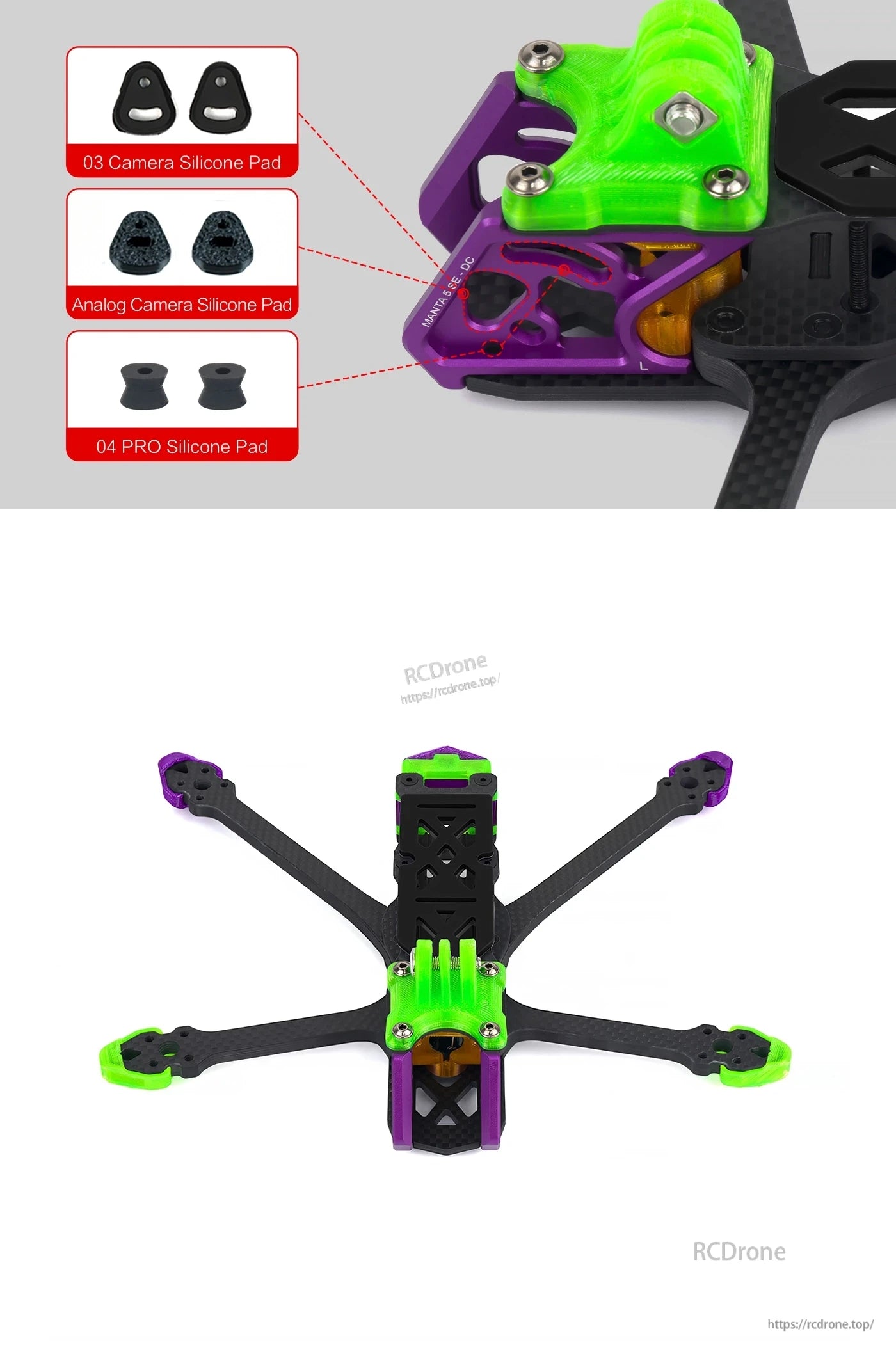 Manta 5 SE drone frame includes silicone pads for camera, analog camera, and PRO pad for secure mounting.