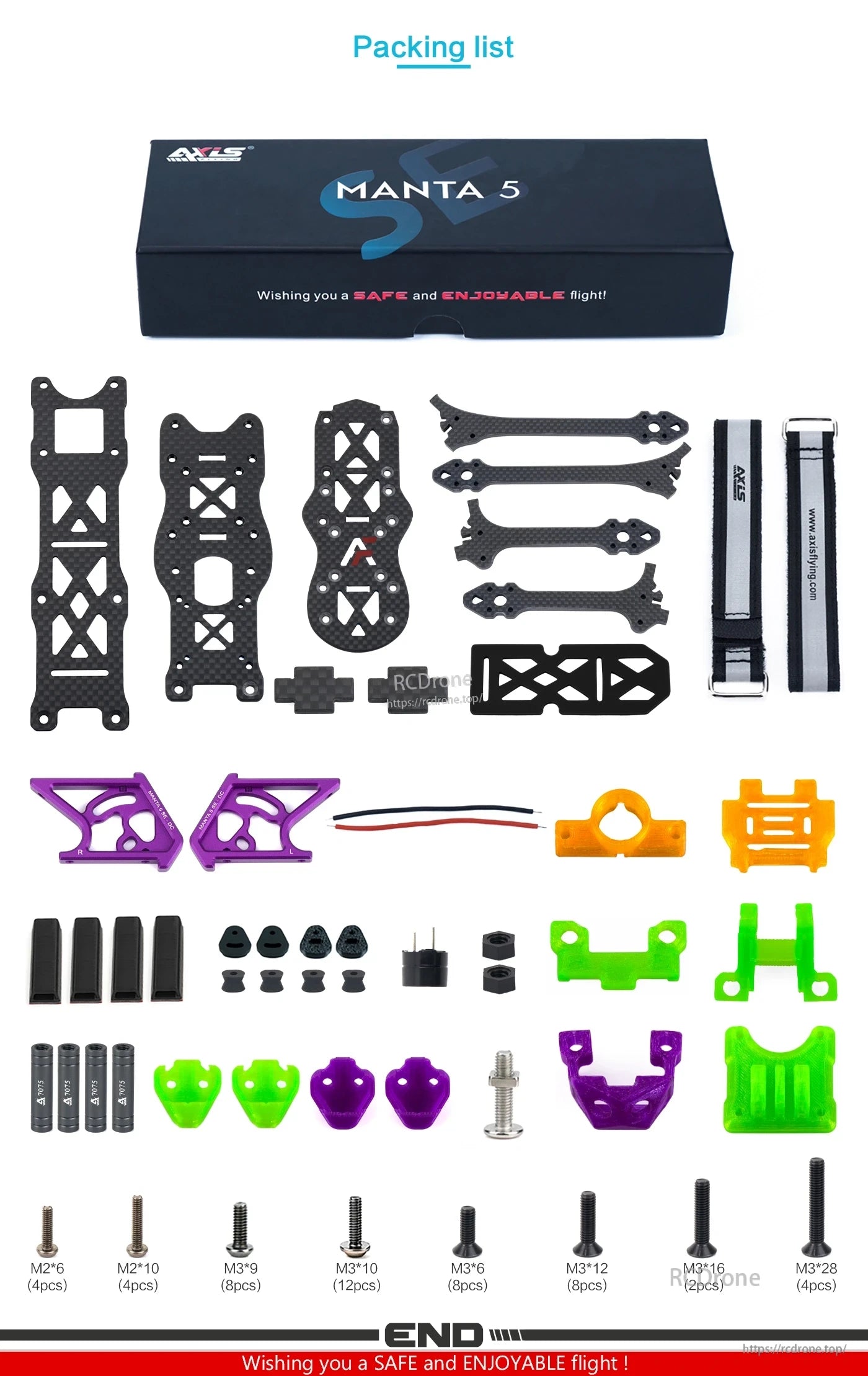 Manta 5 SE Drone Frame, Includes carbon fiber frame, colorful accessories, screws, mounts, and protective parts. Easy assembly with straps and hardware for safe, enjoyable flight.