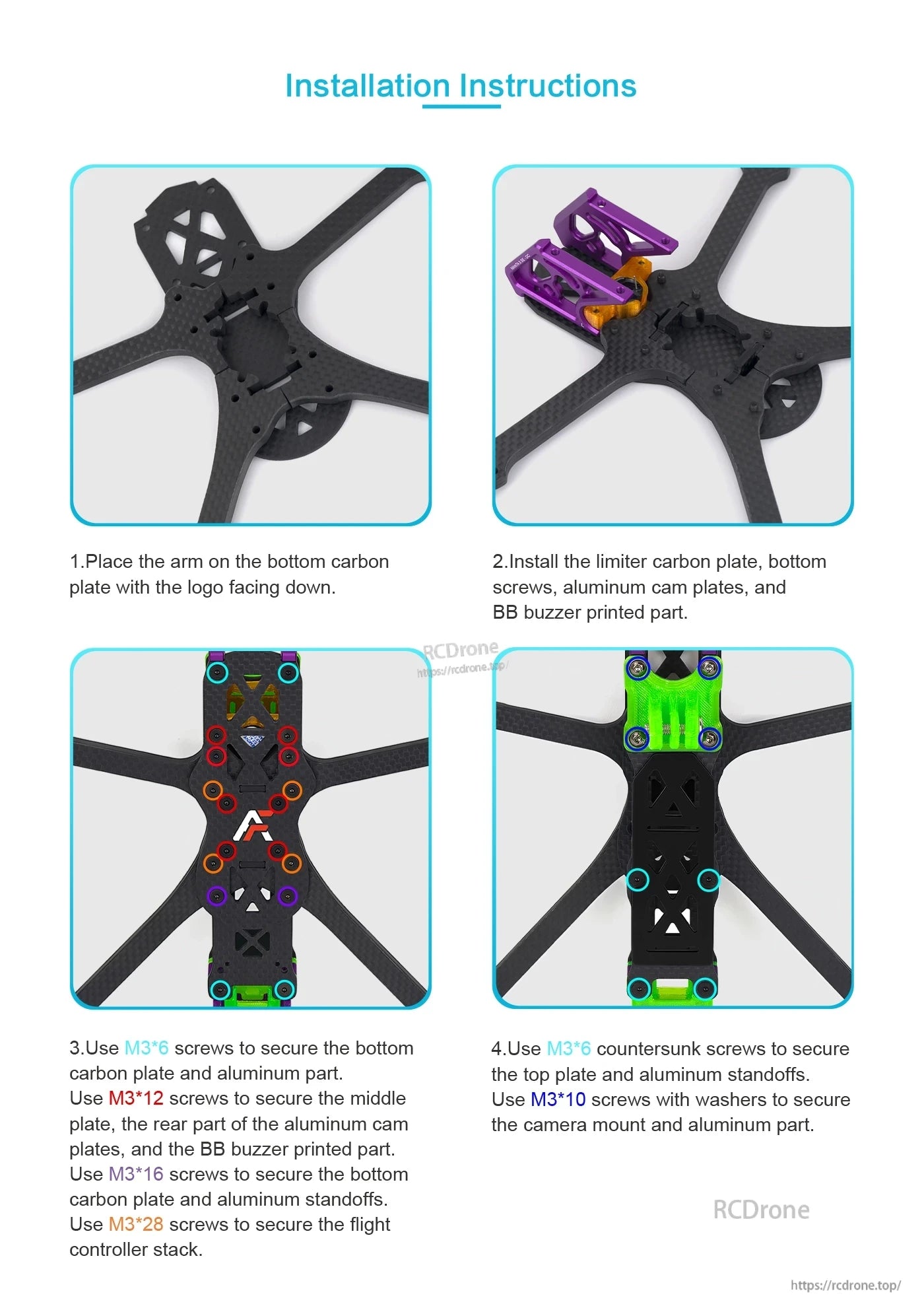 Assemble Manta 5 SE drone frame by attaching arms, carbon plates, and components using M3 screws for plates, standoffs, camera mount, and flight controller.