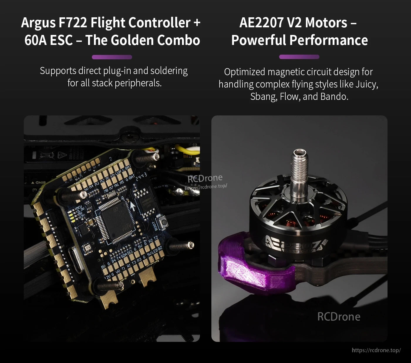 Manta5 Drone Kit, The Argus F722 FC and AE2207 V2 motors offer powerful, dynamic flight performance with sleek design, ideal for advanced flying styles.