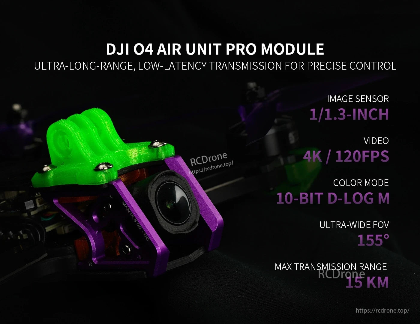 Manta5 Drone Kit, 1/1.3-inch sensor, 4K/120fps video, 10-bit D-Log M, 155° FOV, 15km range, enabling long-range, low-latency transmission for precise control.