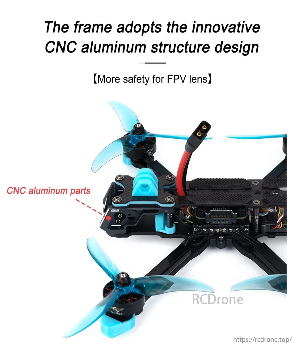 The Manta5 FPV Drone has an innovative aluminum structure for enhanced camera safety and durability.