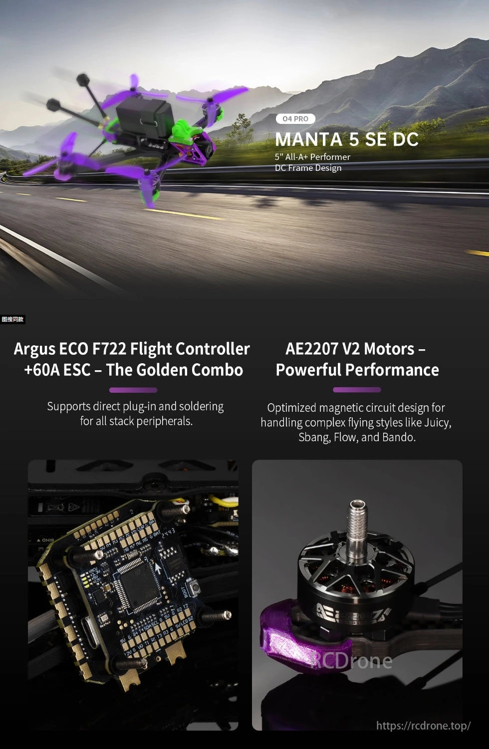 Manta5 Freestyle Drone, Manta 5 SE DC: 5" high-performance drone with DC frame, Argus F722 flight controller, 60A ESC, AE2207 V2 motors, and easy plug-in/soldering support.