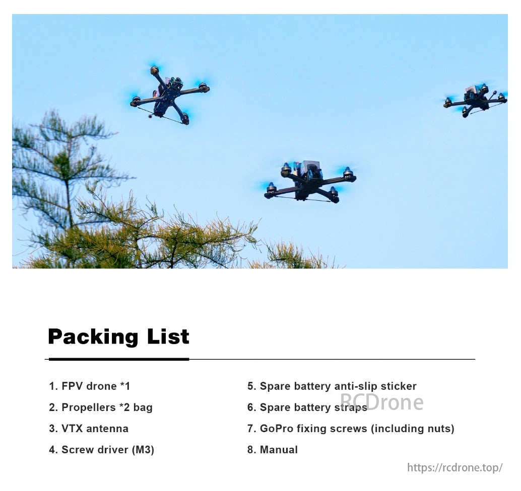 Manta5 Se Fpv Drone, FPV drone kit includes propellers, VTX antenna, tools, spare battery, GoPro accessories, and manual.