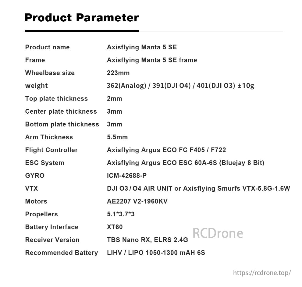 Manta5 Se Fpv Drone, Axisflying Manta 5 SE FPV drone features a 223mm wheelbase, F405/F722 controller, 60A ESC, ICM-42688-P gyro, AE2207 motors, and supports 6S LIHV/LIPO batteries.