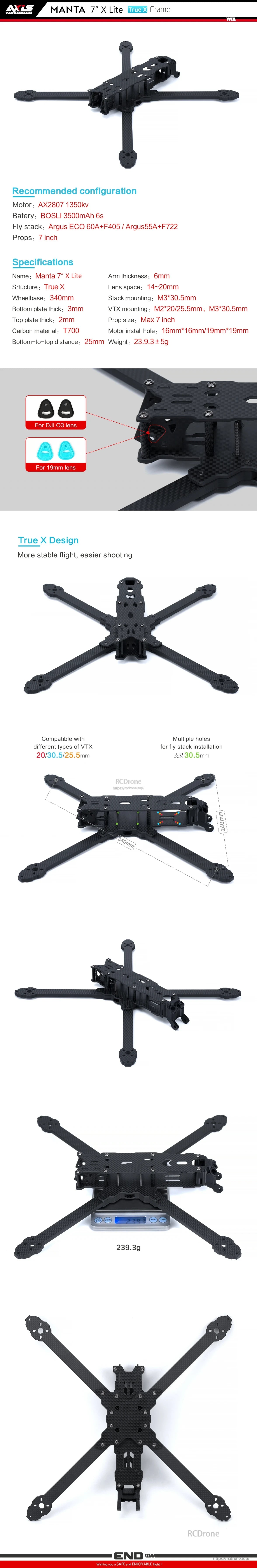 Manta7 FPV Frame, 7" X Lite carbon fiber frame, 239.3g, 340mm wheelbase, 7-inch props, compatible with various VTX and flight stacks, ensures stable flight and smooth filming.