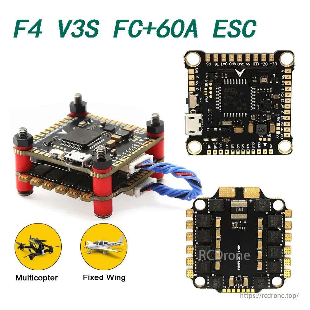 Mark4 V2 FPV Drone Frame, F4 V3S Flight Controller with 60A ESC for multicopter and fixed-wing drones, featuring main board, connectors, and FPV compatibility.