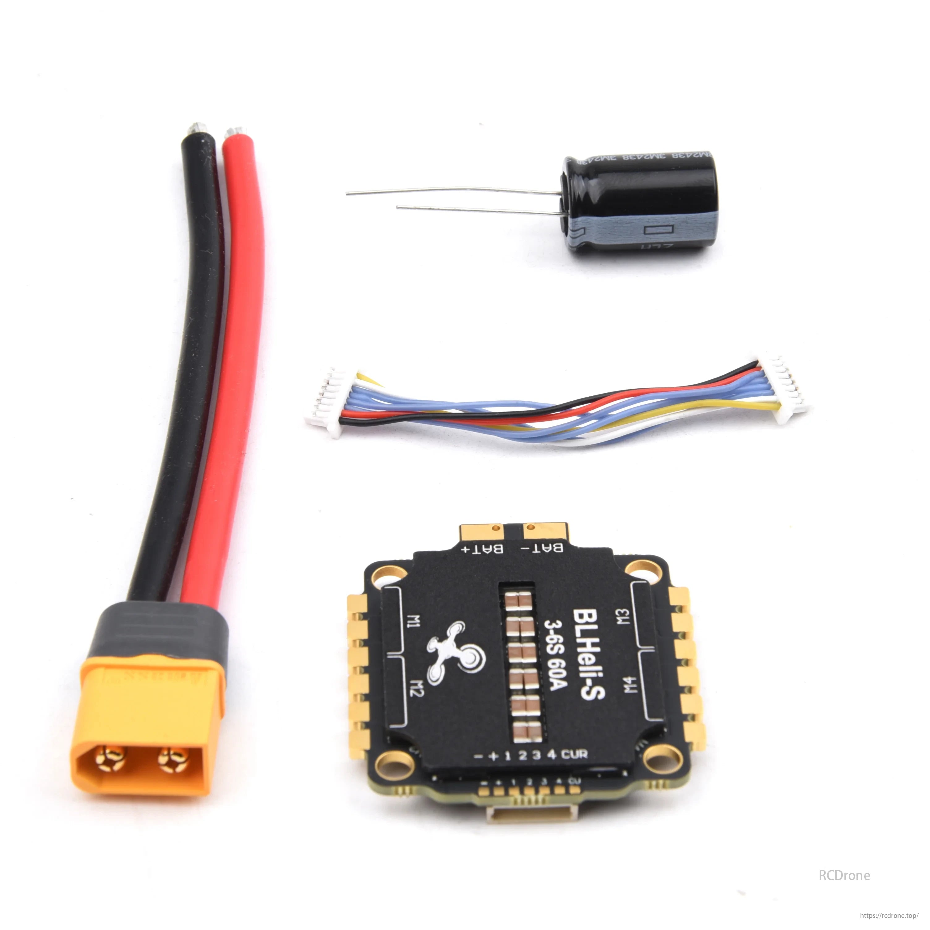 Mark4 V2 FPV Racing Drone components include ESC, capacitor, wires, and connectors for efficient performance.