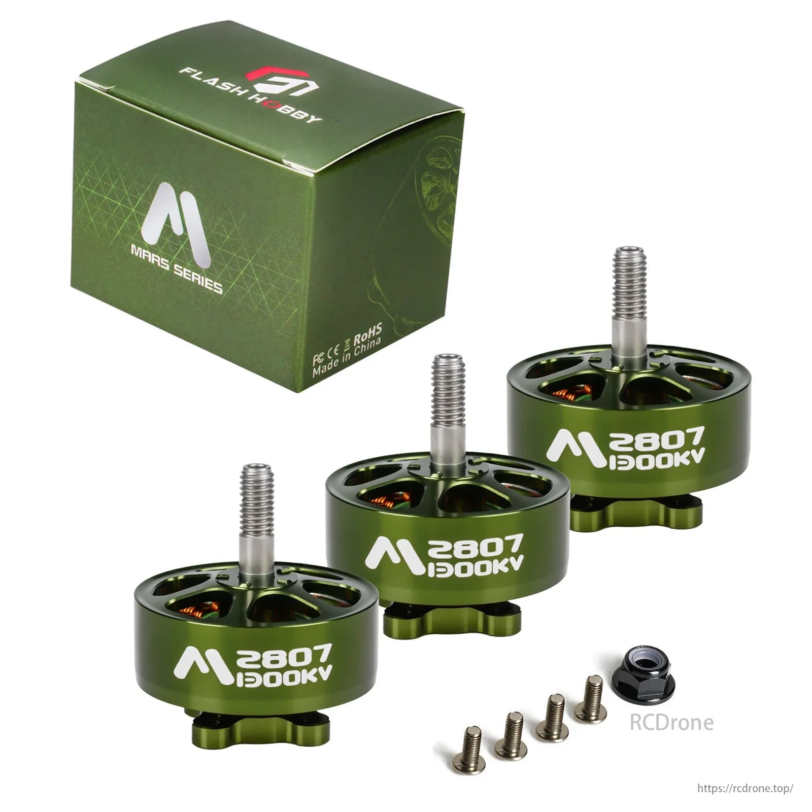Mars M2807 Brushless Motor, Mars M2807 1900KV brushless motor, green design, includes packaging box and screws.