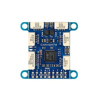 Matek CAN-G474 DroneCAN adapter board with STM32G474, CAN1/CAN2 ports, and labeled 5V TX/RX SCL/SDA pads
