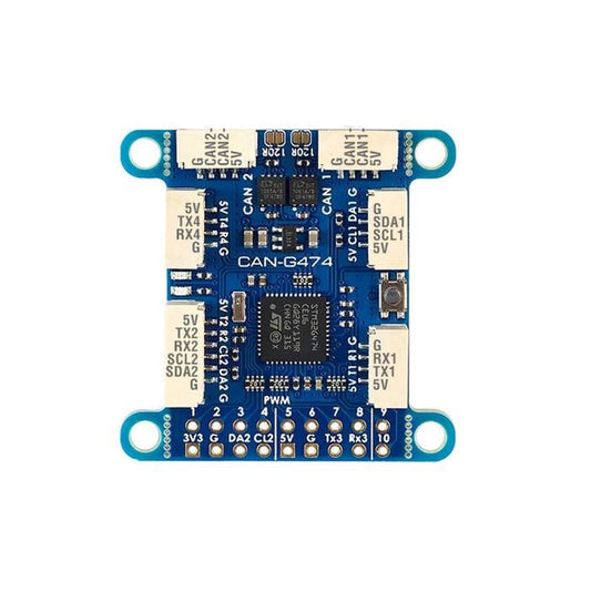 Matek CAN-G474 DroneCAN adapter board with STM32G474, CAN1/CAN2 ports, and labeled 5V TX/RX SCL/SDA pads