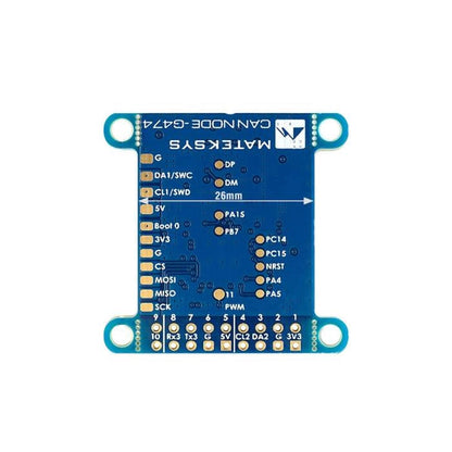 Matek Systems CAN NODE G474 DroneCAN adapter board with labeled solder pads for power, SPI, UART and SWD