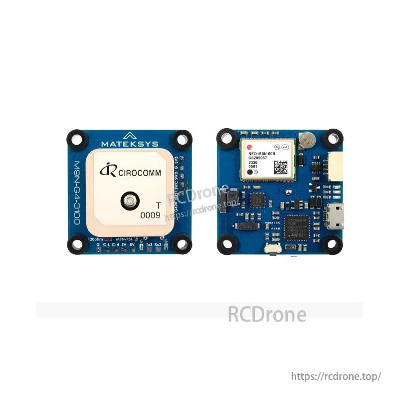 Matek AP_PERIPH DroneCAN GNSS M9N-G4-3100 GPS, MatekSys M9N-G4-3100 GNSS GPS board with ceramic patch antenna, u-blox NEO-M9N module, and micro USB port