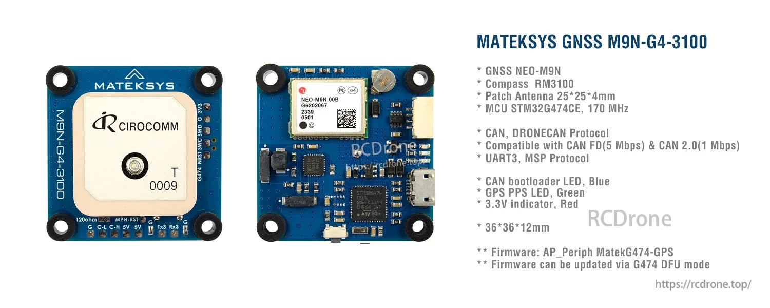 Matek AP_PERIPH DroneCAN GNSS M9N-G4-3100 GPS, MatekSYS GNSS M9N-G4-3100 GPS module with NEO-M9N, RM3100 compass, and 36×36 mm board layout