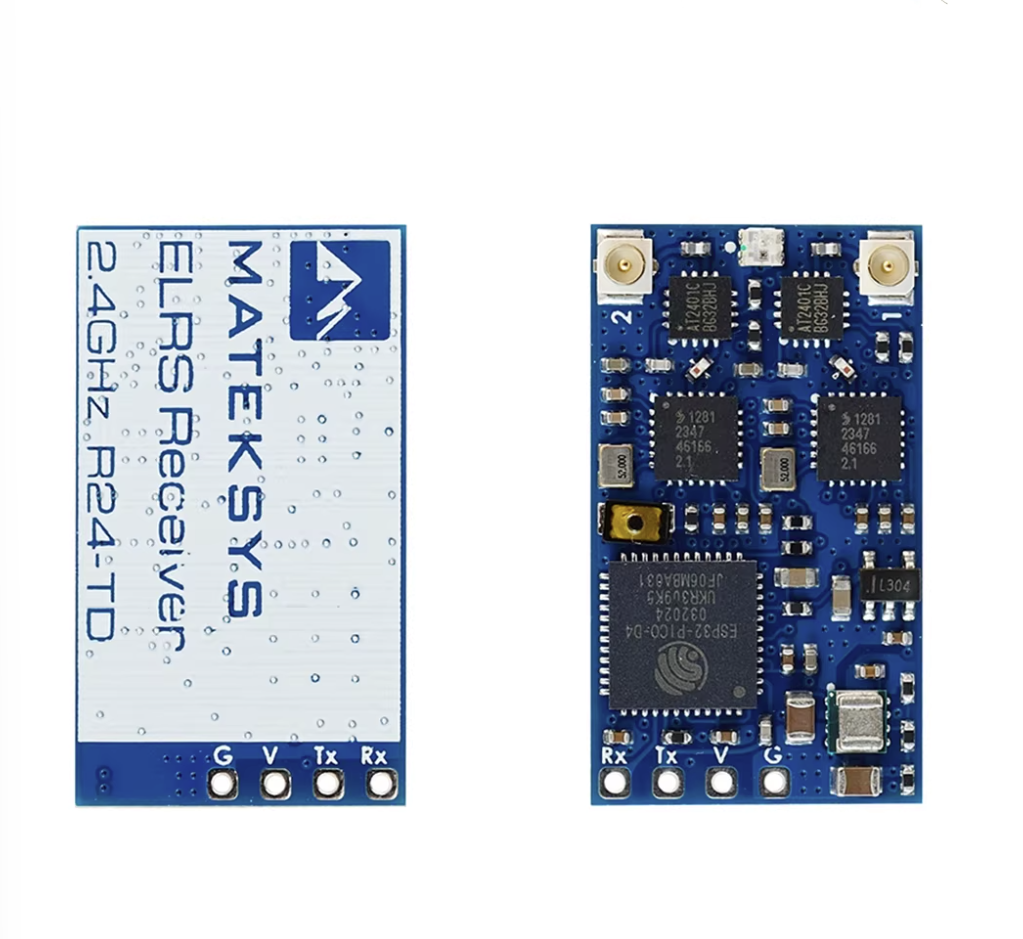 Matek R24-TD 2.4GHz ELRS receiver PCB with dual antenna connectors and Rx/Tx/V/G solder pads