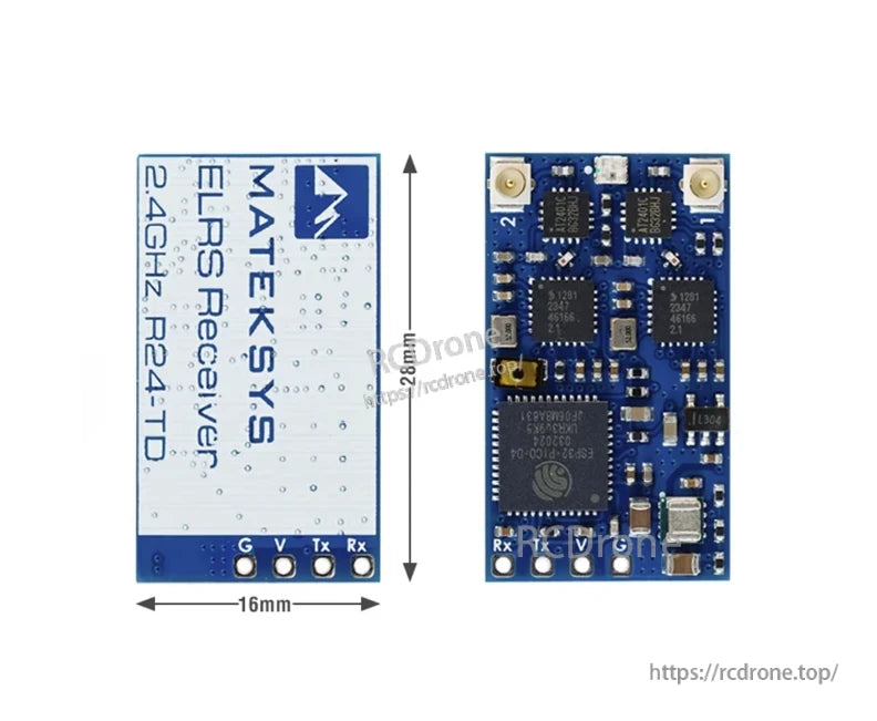 Matek R24-TD 2.4GHz ExpressLRS true diversity receiver board with dual u.FL antenna ports and Rx/Tx/G/V pads