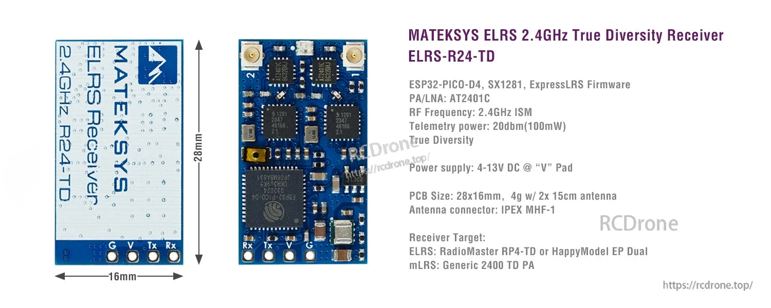Matek R24-TD ExpressLRS 2.4GHz true diversity receiver board (28x16mm) with G/V/TX/RX pads and dual IPEX MHF1