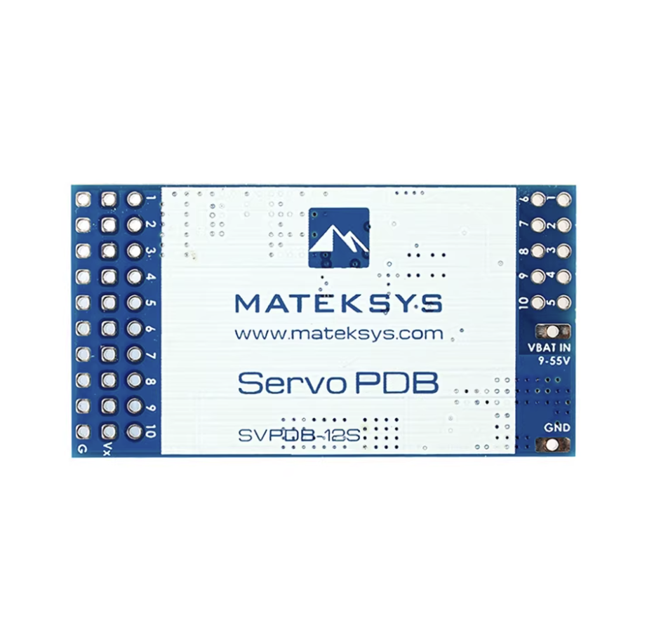 Matek SVPDB Servo PDB (SVPDB-12S) board with numbered solder pads and VBAT IN 9–55V and GND terminals
