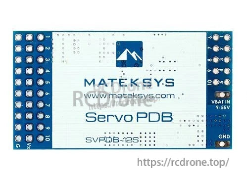 Matek SVPDB, MatekSYS Servo PDB (SVPDB-12S) board with VBAT IN 9–55V and GND pads and side solder pads