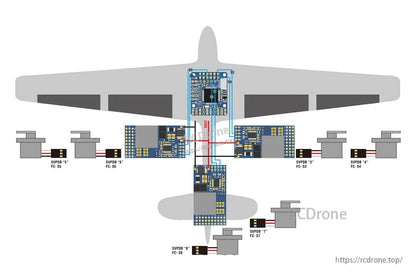 Matek SVPDB fixed-wing wiring diagram with labeled servo outputs S3–S8 and battery VBAT routing