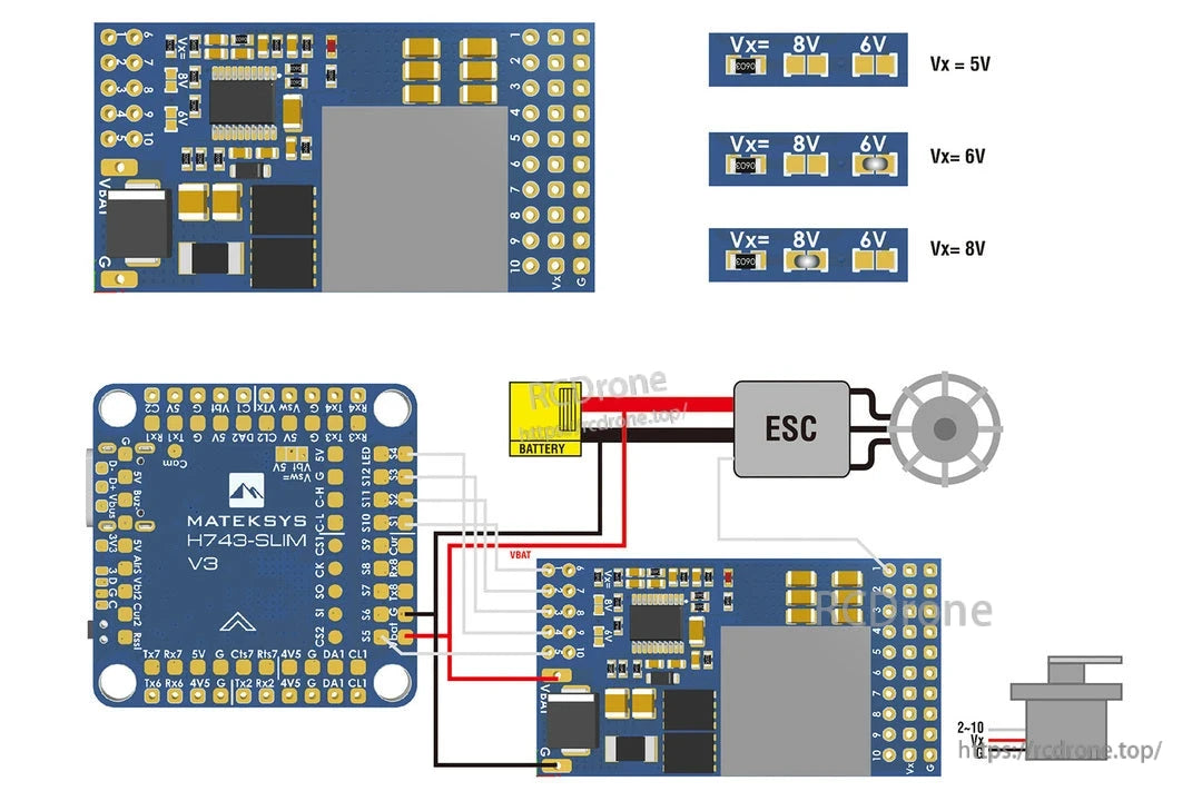 Matek SVPDB power distribution board with Vx jumper options (5V/6V/8V) and wiring diagram to FC, ESC and servo