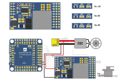 Matek SVPDB power distribution board with Vx jumper options (5V/6V/8V) and wiring diagram to FC, ESC and servo