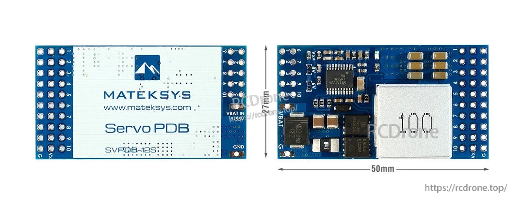 Matek SVPDB, MatekSys ServoPDB (SVPDB-12S) power distribution board with VBAT IN 9–55V pads and 50mm length