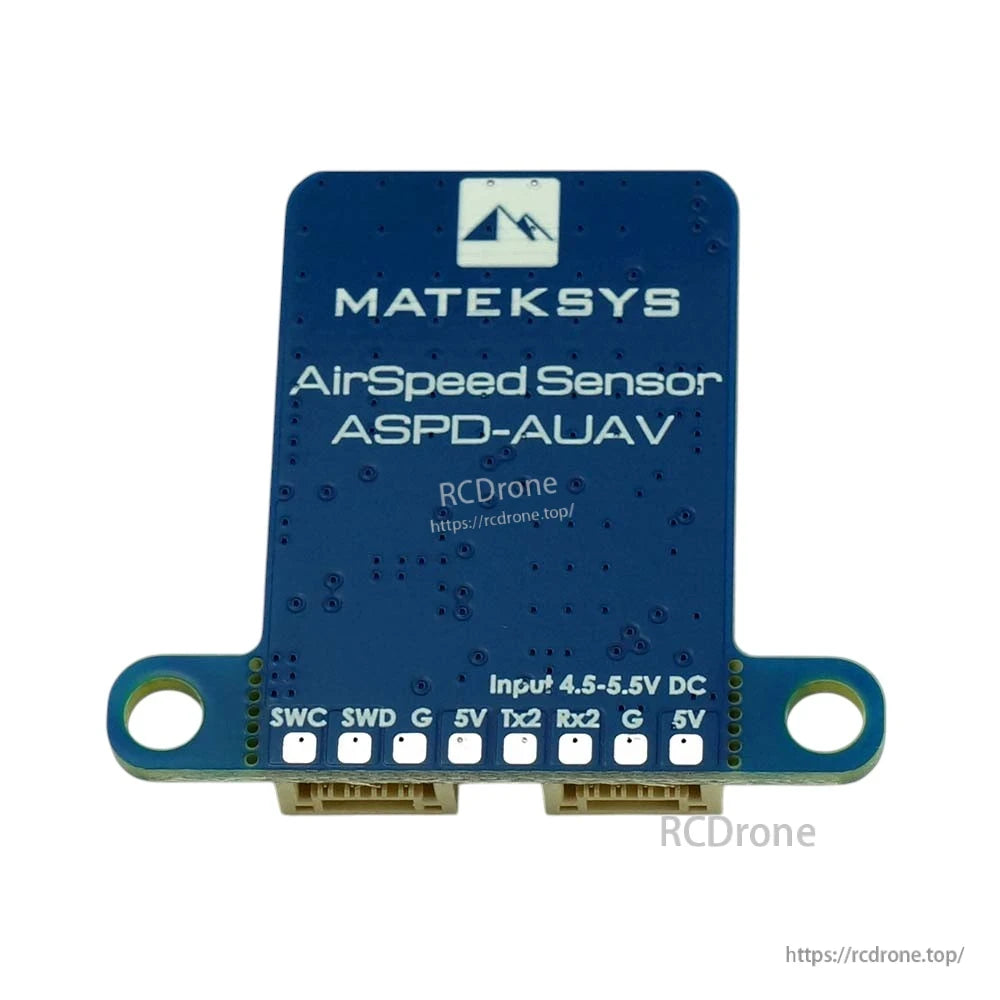 MatekSys ASPD-AUAV digital airspeed sensor board with dual JST ports, mounting holes, and 4.5–5.5V DC input label