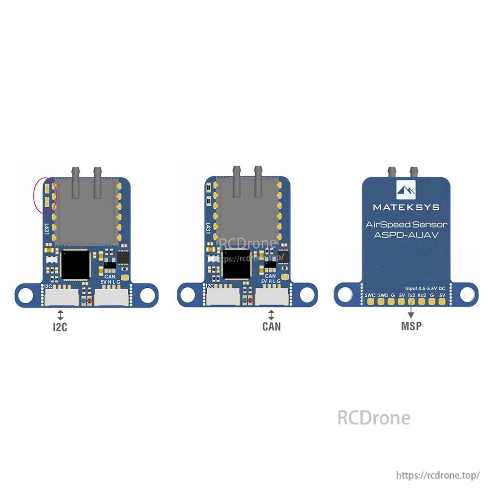 MatekSys ASPD-AUAV digital airspeed sensor board with dual hose ports and I2C, CAN and MSP connectors