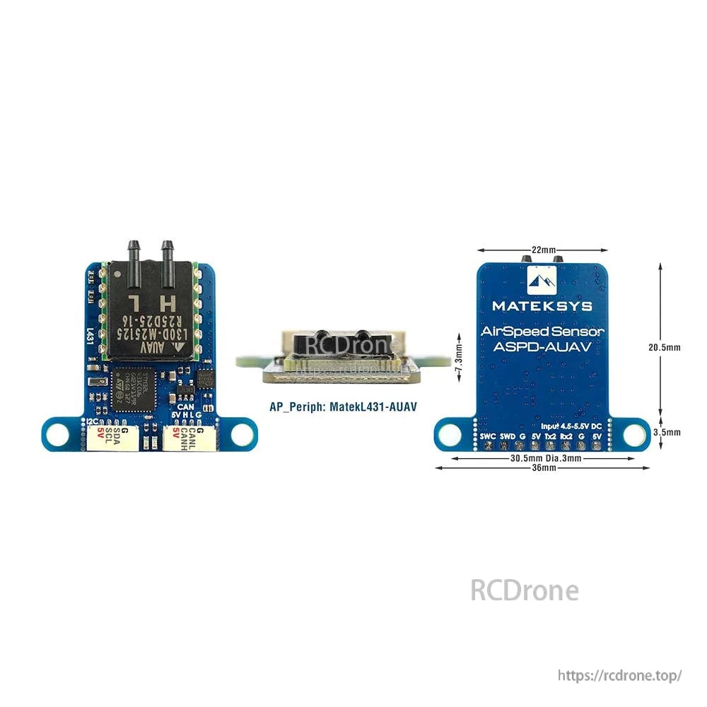 MatekSys ASPD-AUAV digital airspeed sensor board with dual pressure ports and labeled I2C/CAN pads, 22×20.5 mm