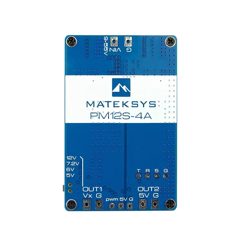 MatekSys PM12S-4A power module PCB with VIN and 0–5V pads, dual outputs (OUT1/OUT2) and PWM signal pins