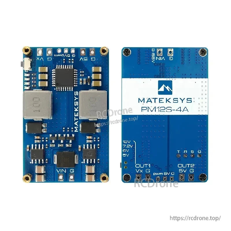 MatekSys PM12S-4A power module PCB, front and back view with VIN/G pads and 5V OUT1/OUT2 outputs
