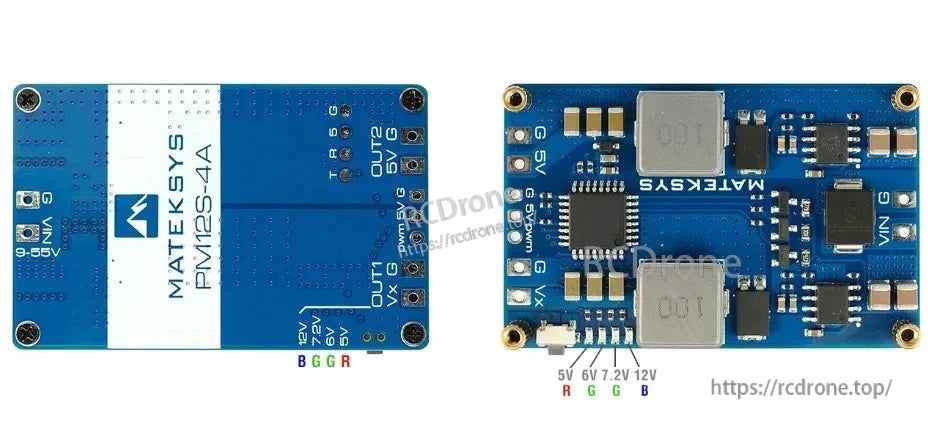MatekSys PM12S-4A power module PCB, top and bottom views with VIN 9–55V input and labeled 5V outputs