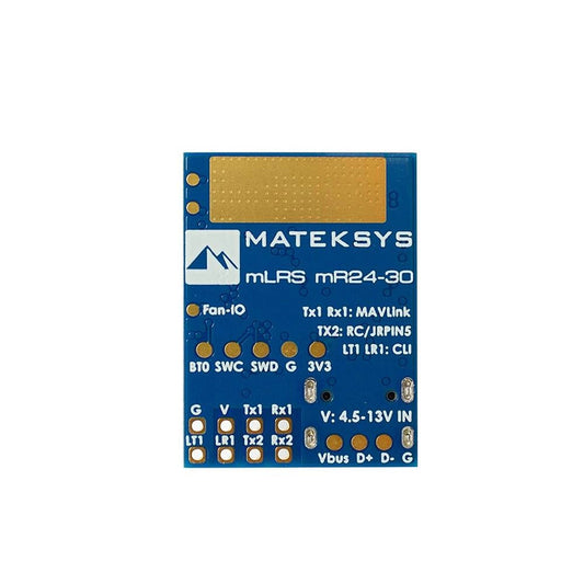 MatekSys mR24-30 mLRS MAVLink 2.4GHz receiver board with labeled UART pads and 4.5–13V power input