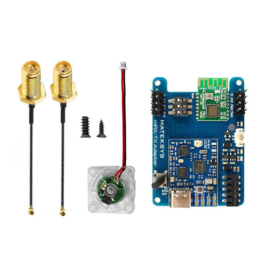 MatekSys mRx-Tx adapter board kit with USB-C port, two SMA antenna pigtails, small cooling fan, and screws