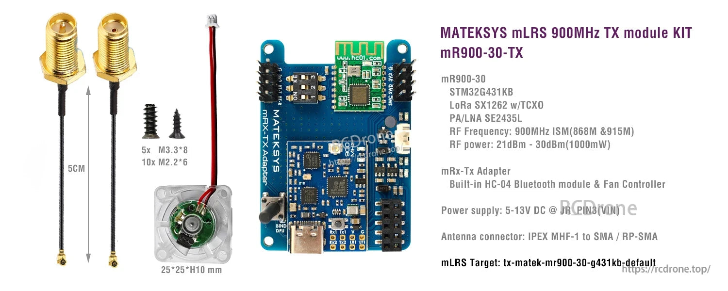 MatekSys mLRS 900MHz mR900-30-TX module kit with adapter board, USB-C, SMA antenna pigtails, fan and screws