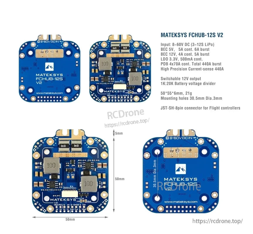High-Precision Current-Sense product from MATEKSYS FCHUB-12S V2 PDB features BEC, LOV, and PDB with high current limits.