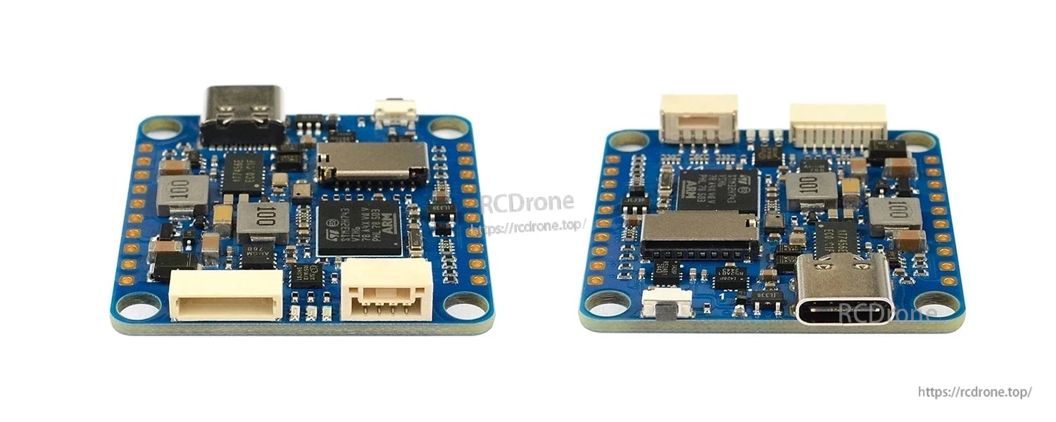 Mateksys H743-SLIM V4 flight controller board, top and bottom view with USB-C port, microSD slot and JST plugs