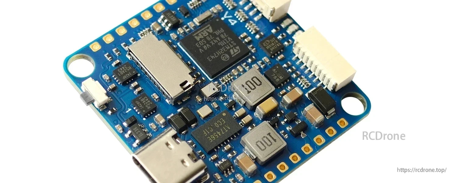 Mateksys H743-SLIM V4 flight controller board with USB-C port, microSD slot, and JST connectors