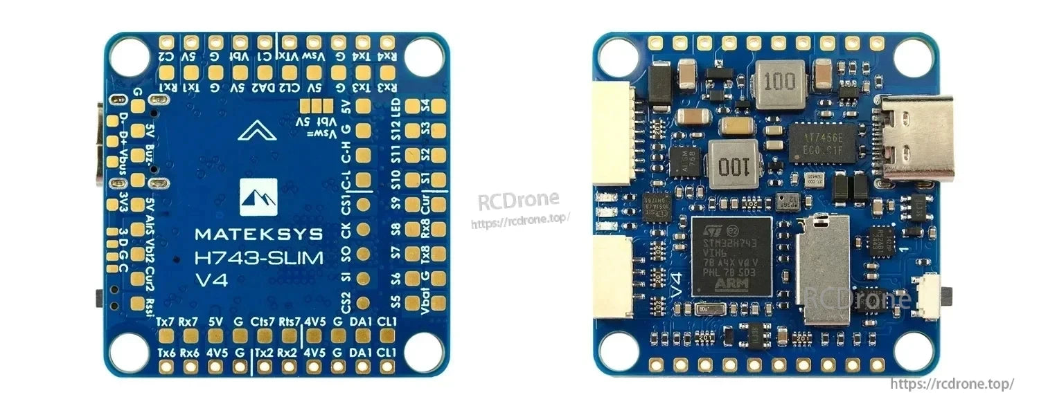 Mateksys H743-SLIM V4 flight controller board, top and bottom view with USB-C port and microSD slot