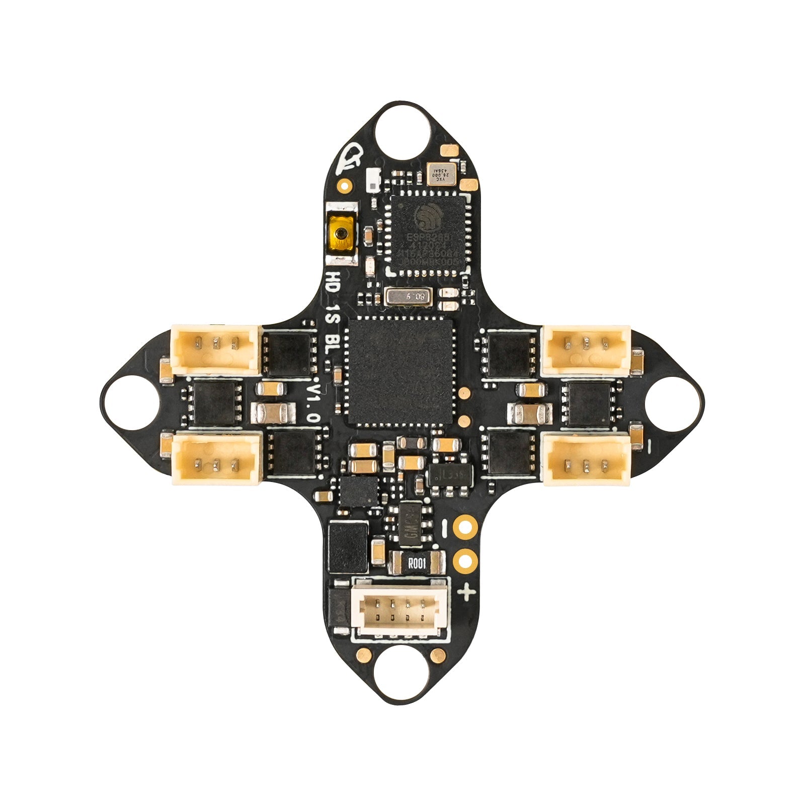 BetaFPV Matrix 1S Brushless Flight Controller PCB close-up with four motor plugs and battery connector