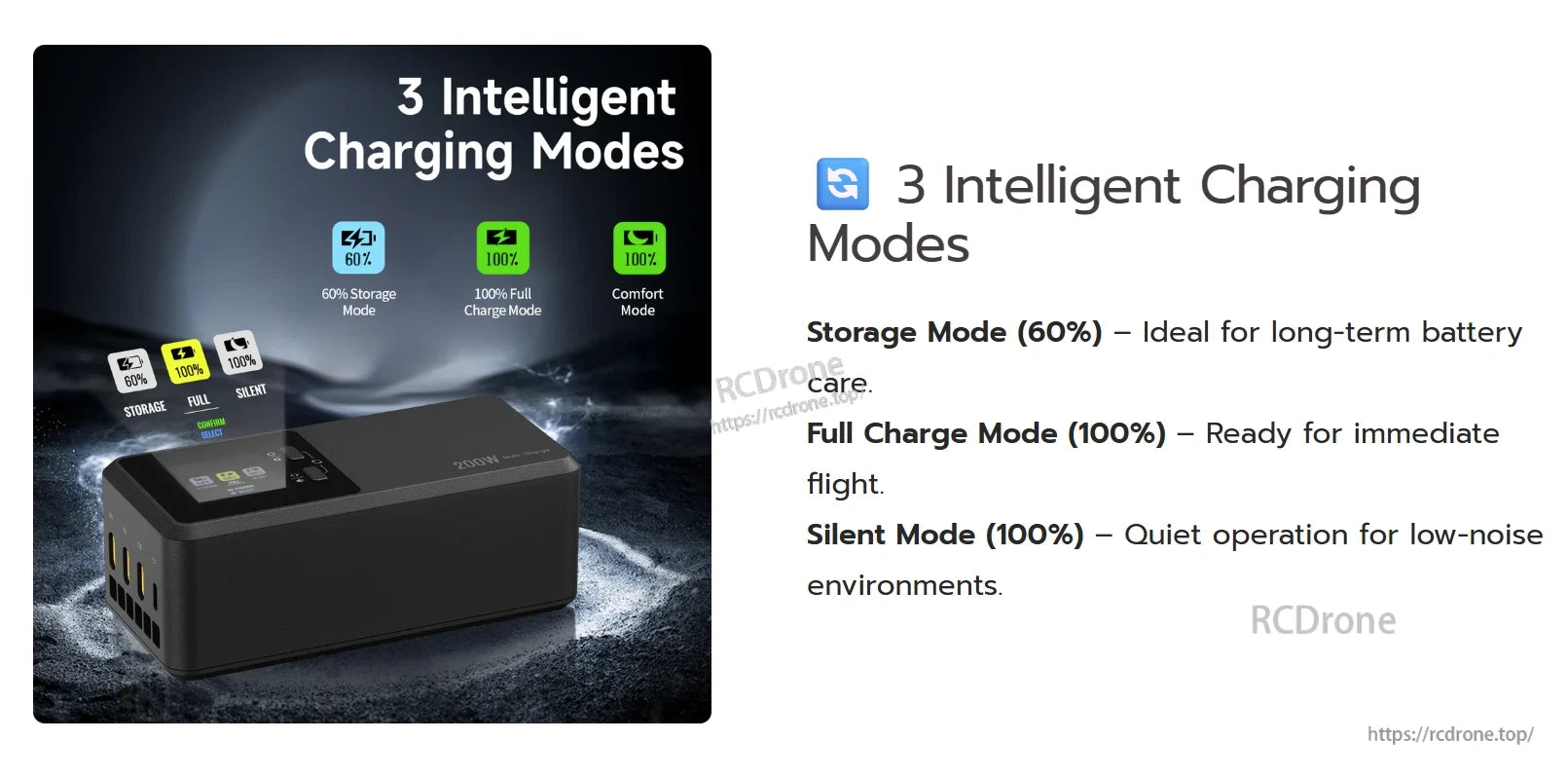 Mavic 3 Battery Charging Hub features Storage, Full Charge, and Silent modes for optimal battery care, performance, and quiet operation.