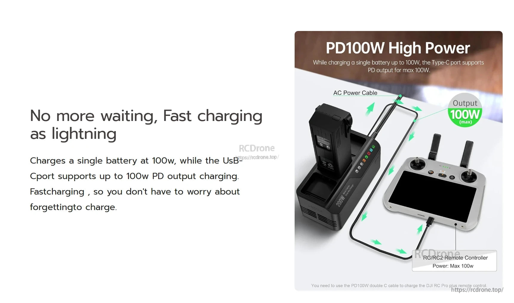 Mavic 3 Battery Charging Hub, 100W fast charging via USB-C PD; ideal for DJI RC controllers—use PD100W cable for lightning-fast charging.