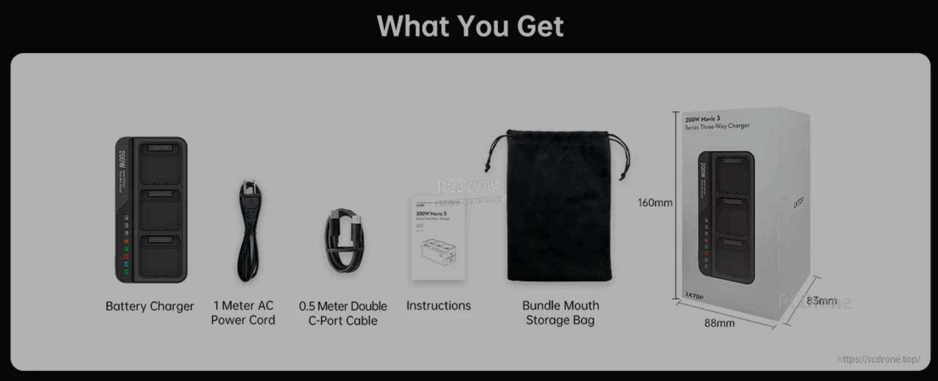 Mavic 3 Battery Charging Hub, Includes charger, cables, instructions, bag, and box for Mavic 3 Series Three-Way Charger.