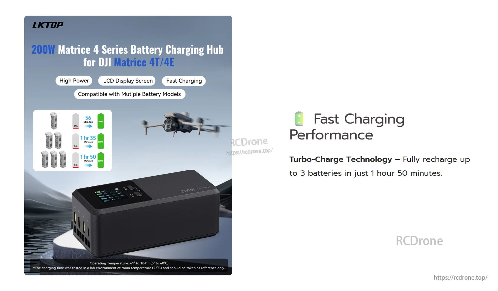Mavic 3 Charging Hub, LKTOP 200W hub fast-charges up to 3 DJI Matrice 4T/4E batteries in 1h50m, featuring LCD, high power, and multi-battery support.