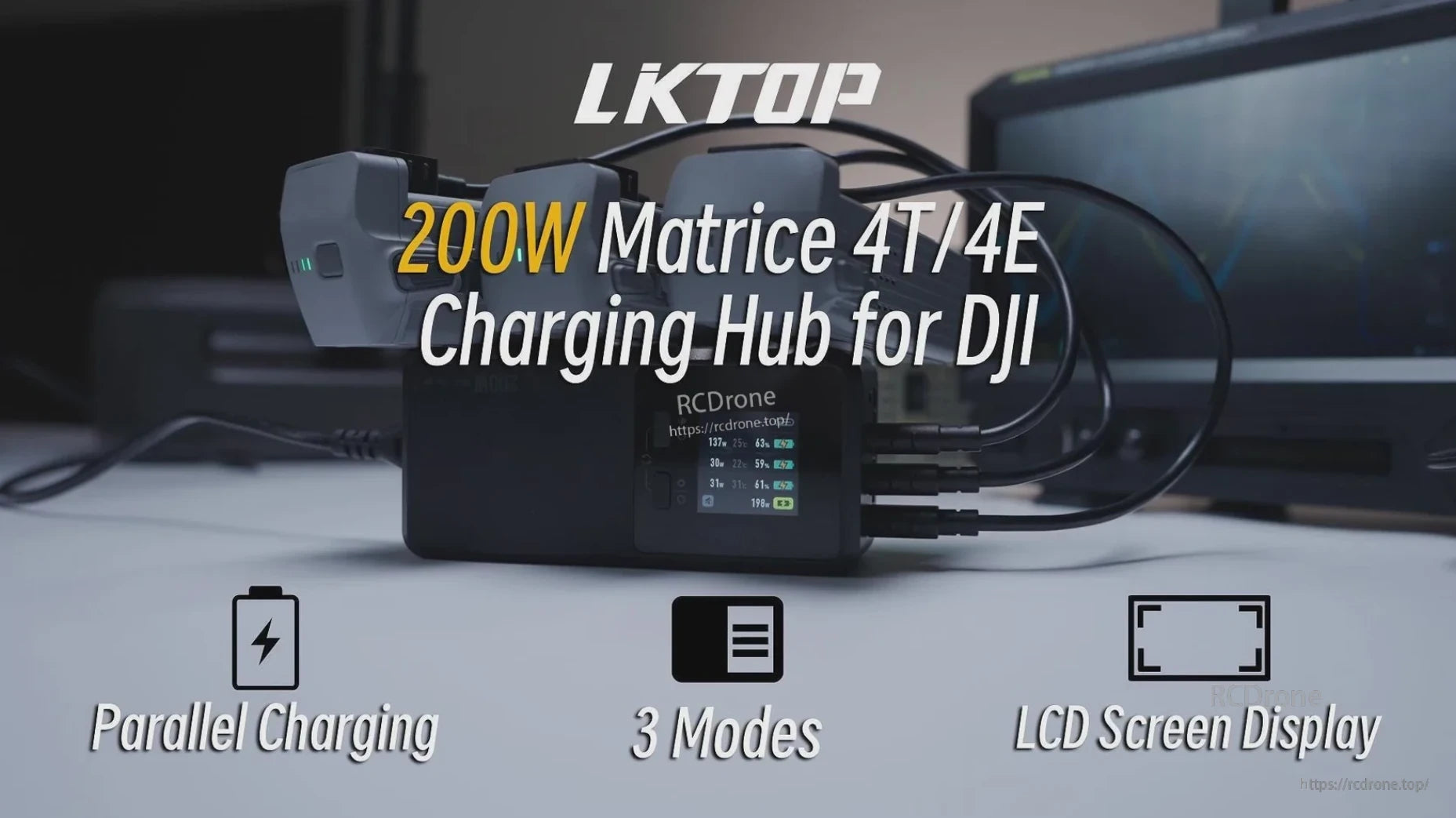 Mavic 3 Charging Hub, LKTOP 200W hub for DJI Matrice 4T/4E offers parallel charging, three modes, and an LCD screen.