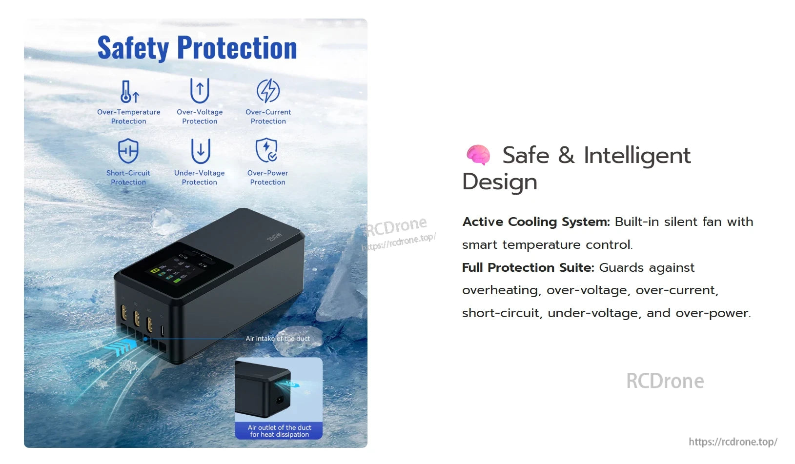 Mavic 3 Charging Hub, The device offers multiple protections and intelligent thermal management with silent active cooling for safe, reliable operation.