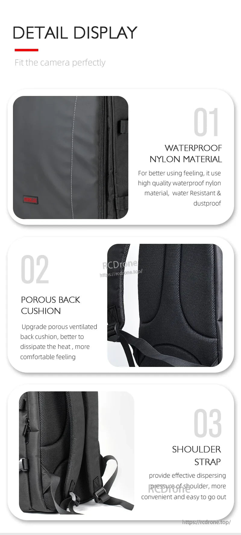 Mavic 3 Pro Backpack, Durable, waterproof nylon with breathable cushioning and adjustable straps ensures comfort and strength for outdoor use in a lightweight, ergonomic design.