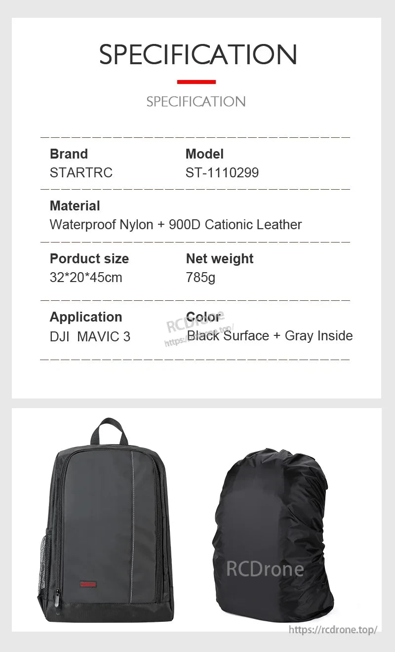 Mavic 3 Pro Backpack, STARTRC ST-1110299 waterproof nylon and leather backpack, 32×20×45cm, 785g, black exterior/gray interior, designed for DJI Mavic 3.